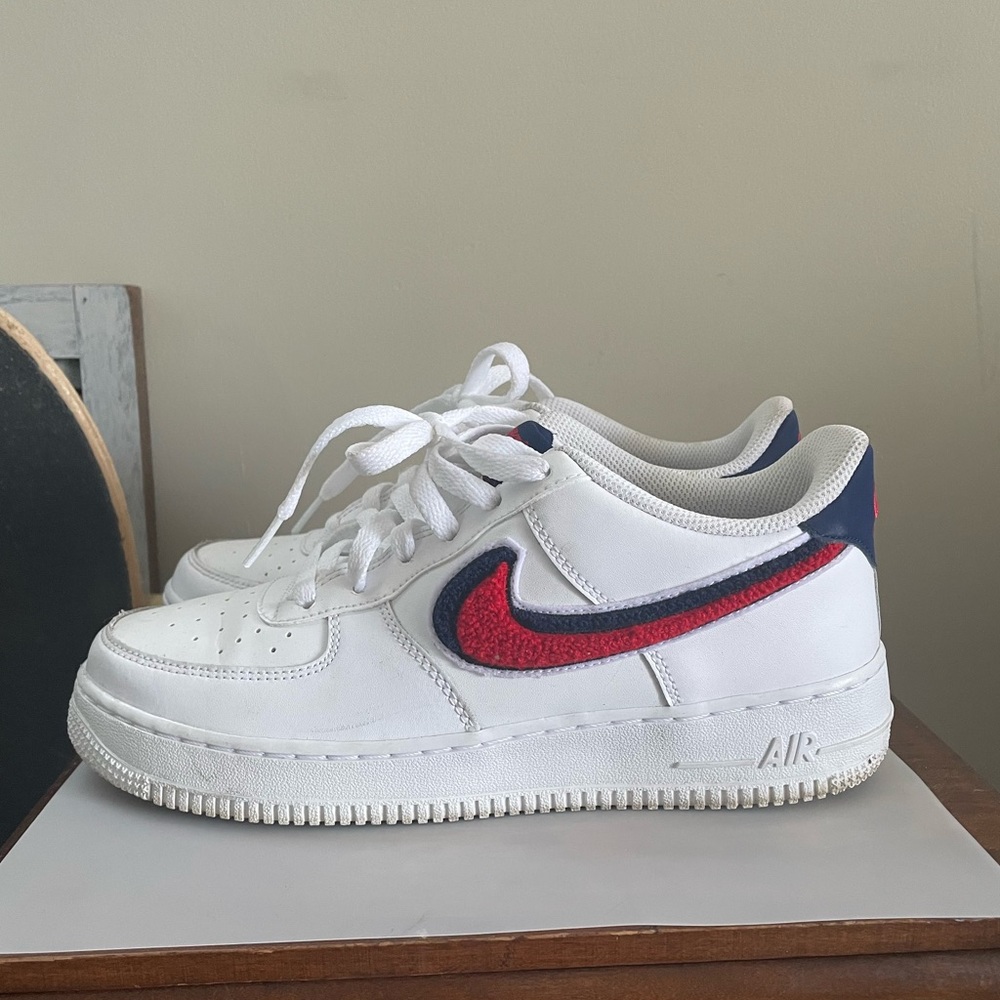 Nike Air Force one. White, Navy/red terry swoosh.